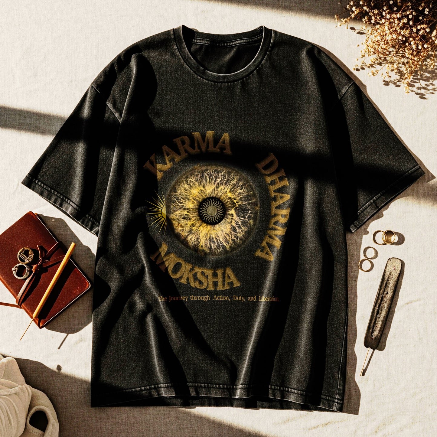 Unisex Black Acid Washed Oversized T-Shirt – Karma Dharma Moksha Spiritual Streetwear | 260 GSM Heavyweight Tee