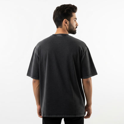 Unisex Black Acid Washed Oversized T-Shirt – Karma Dharma Moksha Spiritual Streetwear | 260 GSM Heavyweight Tee