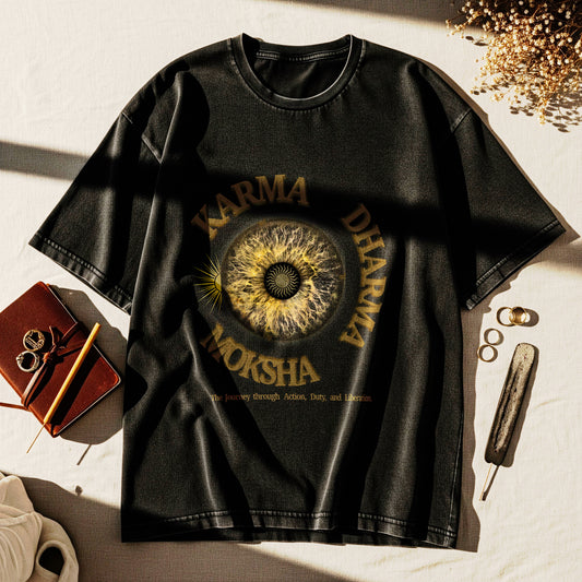 Unisex Black Acid Washed Oversized T-Shirt – Karma Dharma Moksha Spiritual Streetwear | 260 GSM Heavyweight Tee
