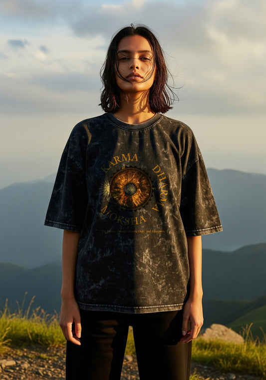 Black Acid Washed Oversized Tee – “Karma Dharma Moksha” Edition | 260 GSM | The Aum Theory