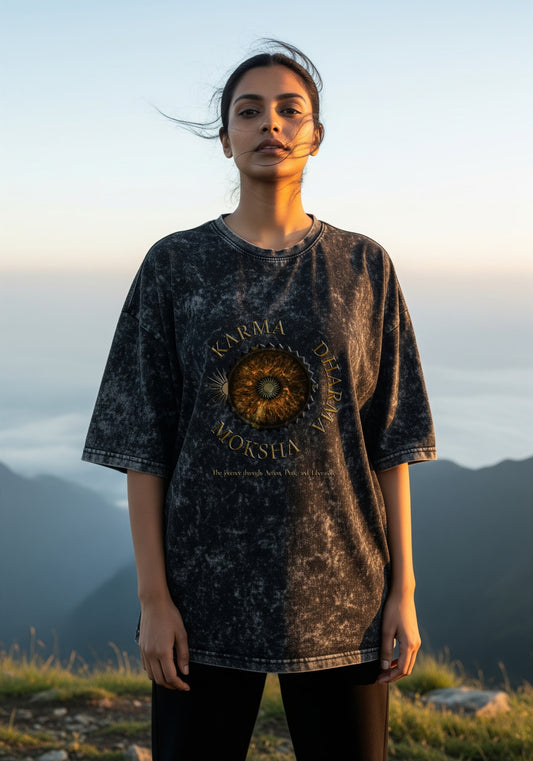 Black Acid Washed Oversized Tee – “Karma Dharma Moksha” Edition | 260 GSM | The Aum Theory