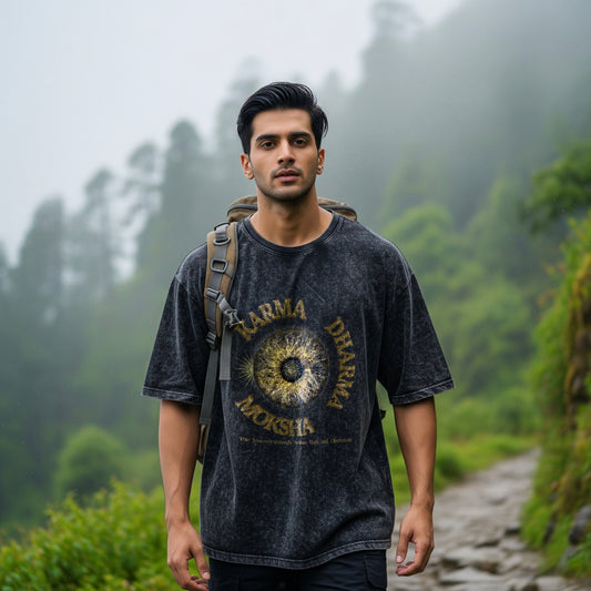 Unisex Black Acid Washed Oversized T-Shirt – Karma Dharma Moksha Spiritual Streetwear | 260 GSM Heavyweight Tee